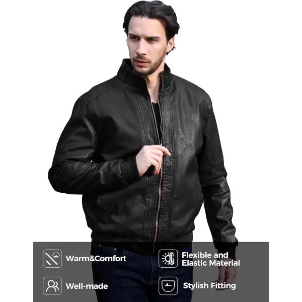 WenVen Mens Stand Collar Fleece Lined Bomber Faux Leather JacketDark Black