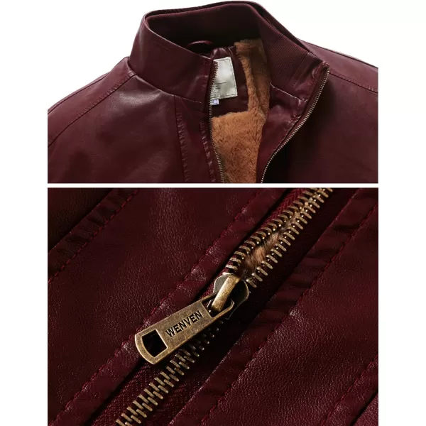 WenVen Mens Stand Collar Fleece Lined Bomber Faux Leather JacketDark Red