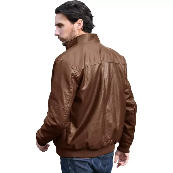 WenVen Mens Stand Collar Fleece Lined Bomber Faux Leather JacketField