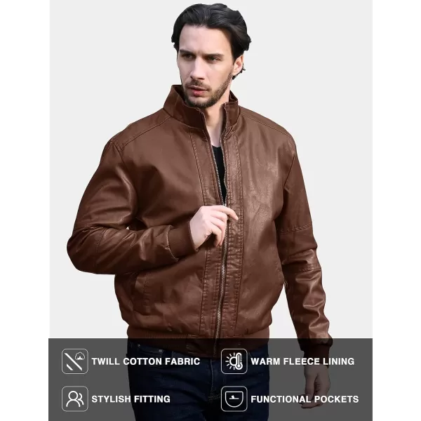 WenVen Mens Stand Collar Fleece Lined Bomber Faux Leather JacketField