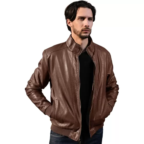 WenVen Mens Stand Collar Fleece Lined Bomber Faux Leather JacketField