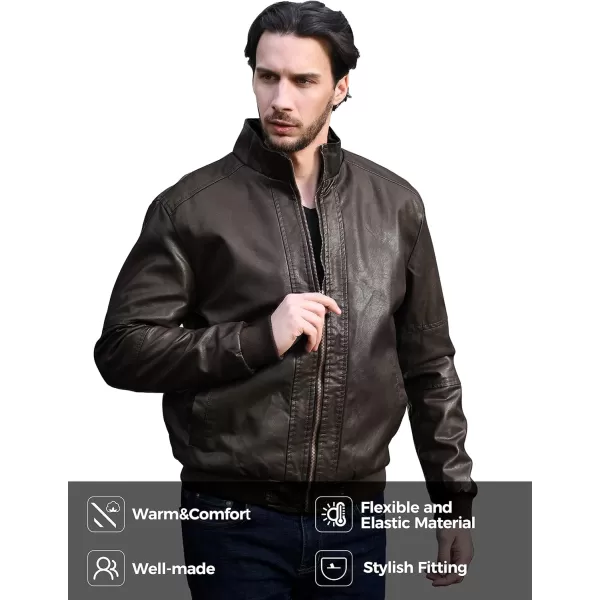 WenVen Mens Stand Collar Fleece Lined Bomber Faux Leather JacketGrey