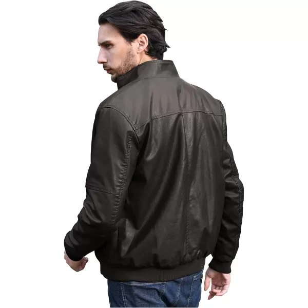 WenVen Mens Stand Collar Fleece Lined Bomber Faux Leather JacketGrey