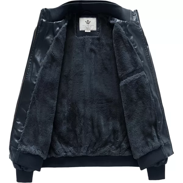 WenVen Mens Stand Collar Fleece Lined Bomber Faux Leather JacketNavy