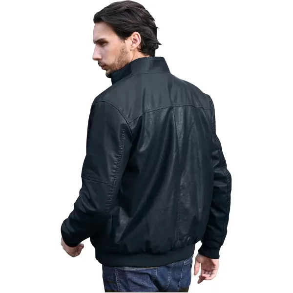 WenVen Mens Stand Collar Fleece Lined Bomber Faux Leather JacketNavy
