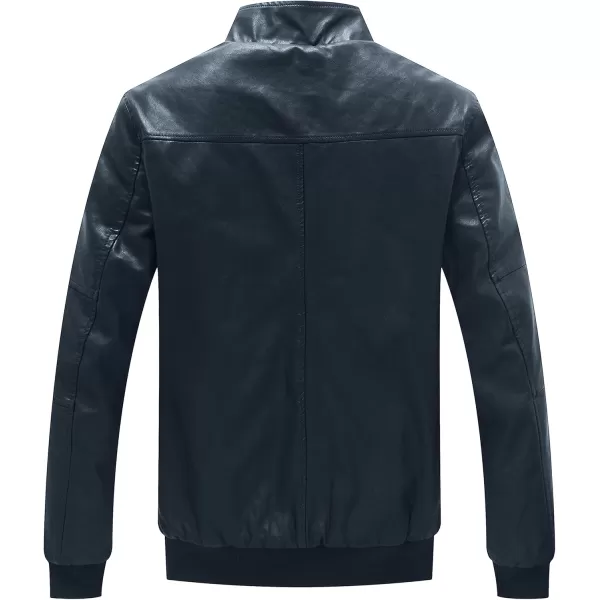 WenVen Mens Stand Collar Fleece Lined Bomber Faux Leather JacketNavy