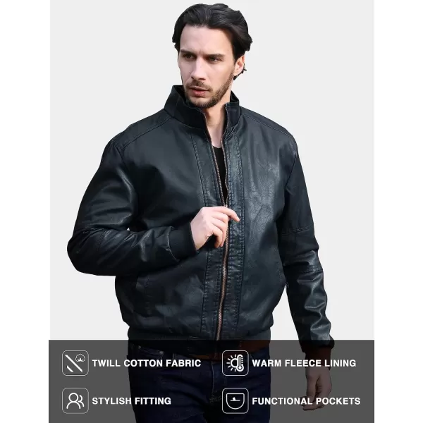 WenVen Mens Stand Collar Fleece Lined Bomber Faux Leather JacketNavy