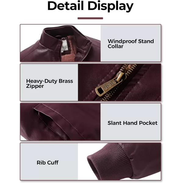WenVen Mens Stand Collar Fleece Lined Bomber Faux Leather JacketRed Wine