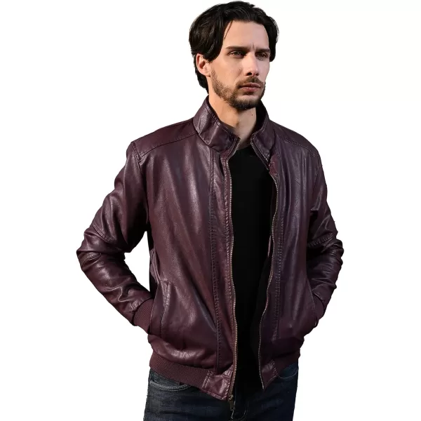 WenVen Mens Stand Collar Fleece Lined Bomber Faux Leather JacketRed Wine