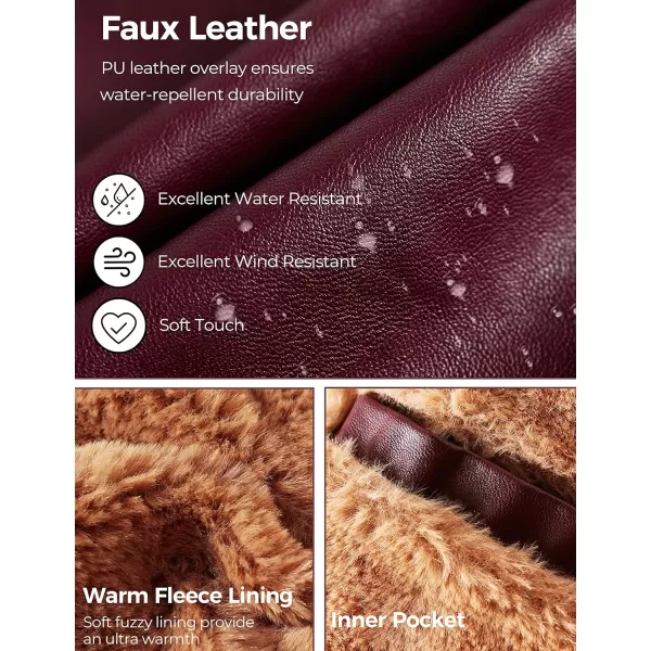 WenVen Mens Stand Collar Fleece Lined Bomber Faux Leather JacketRed Wine