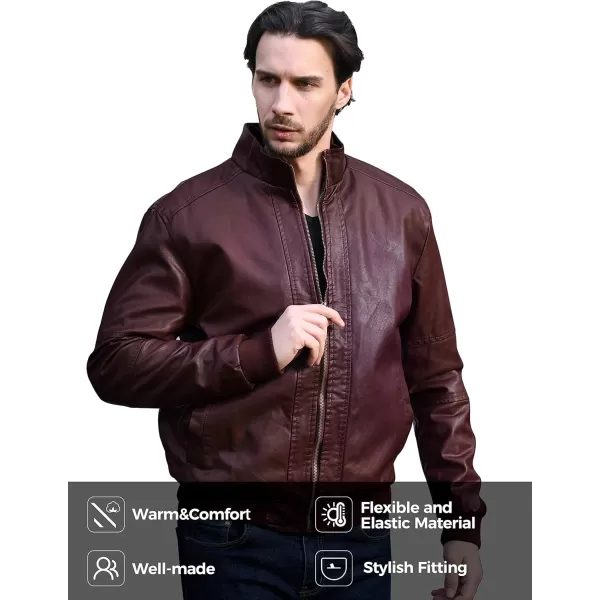 WenVen Mens Stand Collar Fleece Lined Bomber Faux Leather JacketRed Wine
