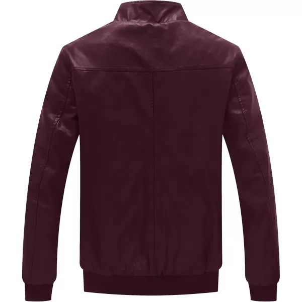 WenVen Mens Stand Collar Fleece Lined Bomber Faux Leather JacketRed Wine