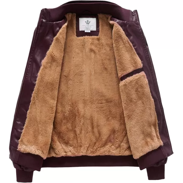 WenVen Mens Stand Collar Fleece Lined Bomber Faux Leather JacketRed Wine