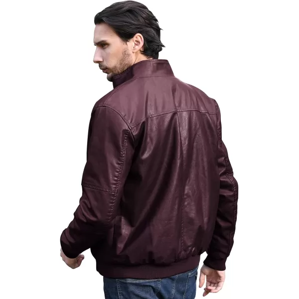 WenVen Mens Stand Collar Fleece Lined Bomber Faux Leather JacketRed Wine