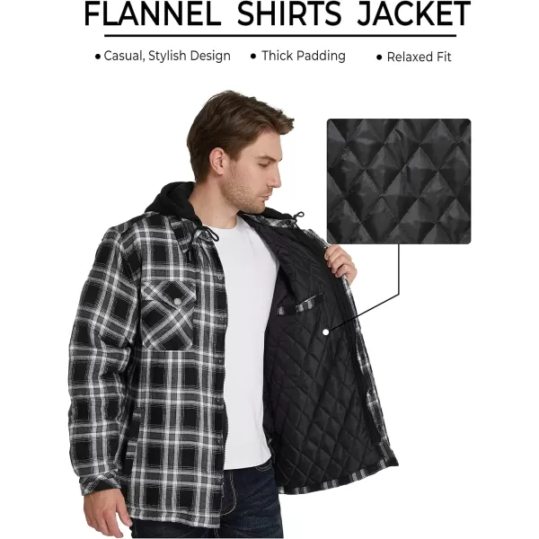 WenVen Mens Thicken Plaid Flannel Quilted Shirts Jacket with Removable HoodBlack