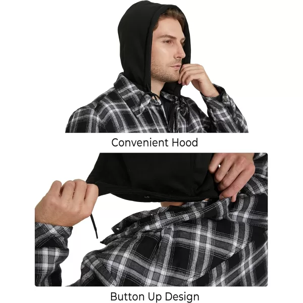 WenVen Mens Thicken Plaid Flannel Quilted Shirts Jacket with Removable HoodBlack