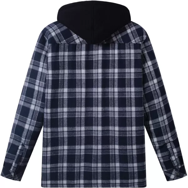 WenVen Mens Thicken Plaid Flannel Quilted Shirts Jacket with Removable HoodBlue