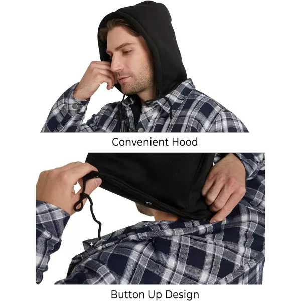 WenVen Mens Thicken Plaid Flannel Quilted Shirts Jacket with Removable HoodBlue