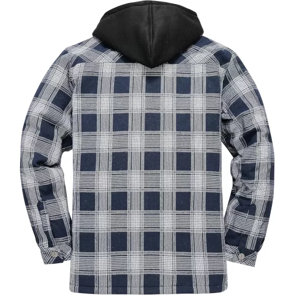 WenVen Mens Thicken Plaid Flannel Quilted Shirts Jacket with Removable HoodDark Blue