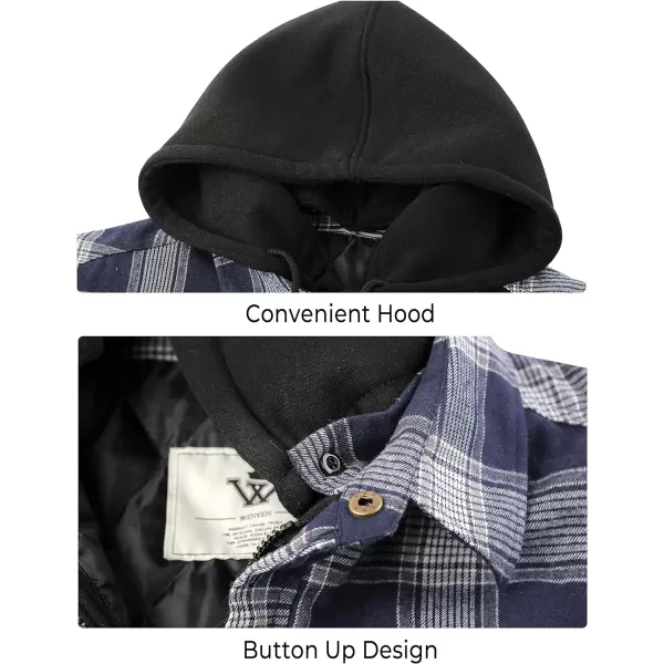 WenVen Mens Thicken Plaid Flannel Quilted Shirts Jacket with Removable HoodDark Blue