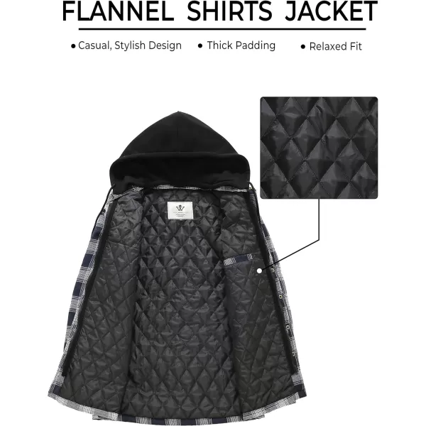 WenVen Mens Thicken Plaid Flannel Quilted Shirts Jacket with Removable HoodDark Blue