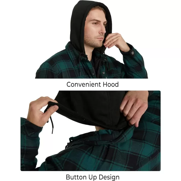 WenVen Mens Thicken Plaid Flannel Quilted Shirts Jacket with Removable HoodDark Green