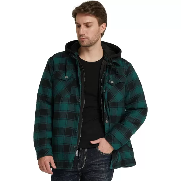 WenVen Mens Thicken Plaid Flannel Quilted Shirts Jacket with Removable HoodDark Green
