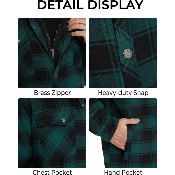 WenVen Mens Thicken Plaid Flannel Quilted Shirts Jacket with Removable HoodDark Green