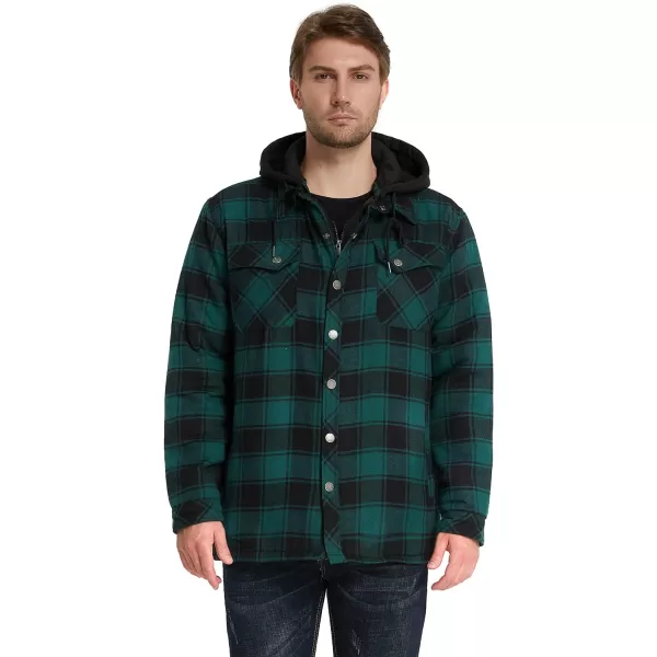 WenVen Mens Thicken Plaid Flannel Quilted Shirts Jacket with Removable HoodDark Green
