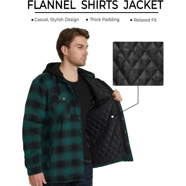 WenVen Mens Thicken Plaid Flannel Quilted Shirts Jacket with Removable HoodDark Green