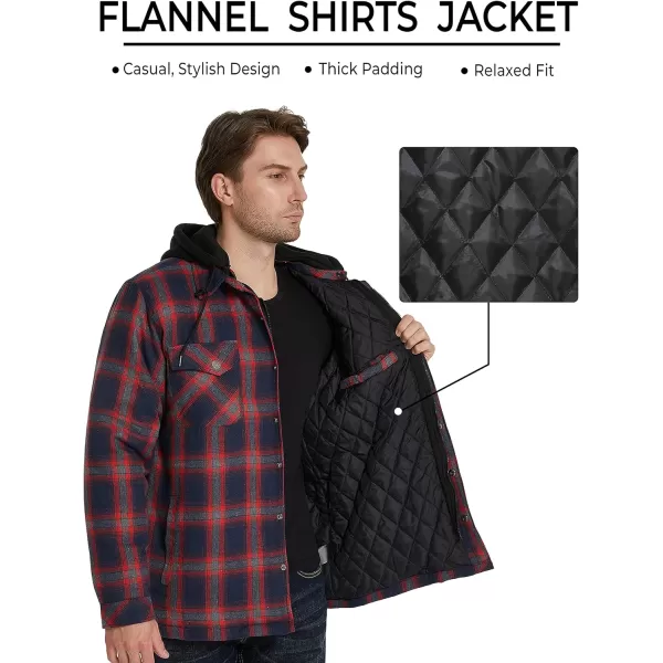 WenVen Mens Thicken Plaid Flannel Quilted Shirts Jacket with Removable HoodDark Red