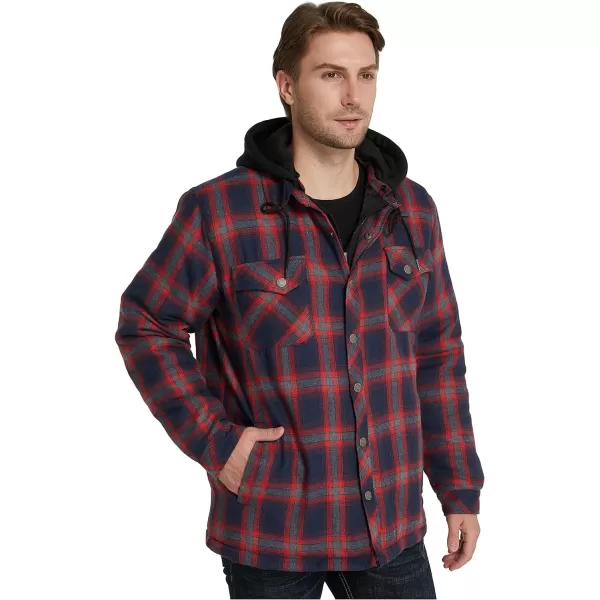 WenVen Mens Thicken Plaid Flannel Quilted Shirts Jacket with Removable HoodDark Red