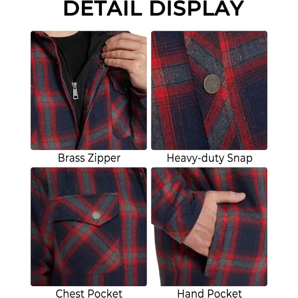 WenVen Mens Thicken Plaid Flannel Quilted Shirts Jacket with Removable HoodDark Red