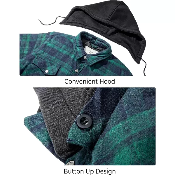 WenVen Mens Thicken Plaid Flannel Quilted Shirts Jacket with Removable HoodForest Green