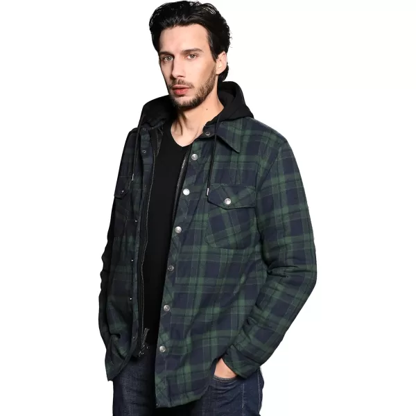 WenVen Mens Thicken Plaid Flannel Quilted Shirts Jacket with Removable HoodForest Green
