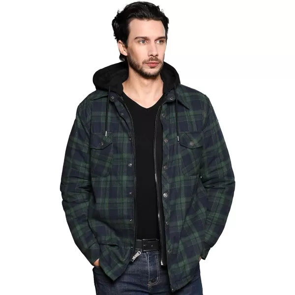 WenVen Mens Thicken Plaid Flannel Quilted Shirts Jacket with Removable HoodForest Green