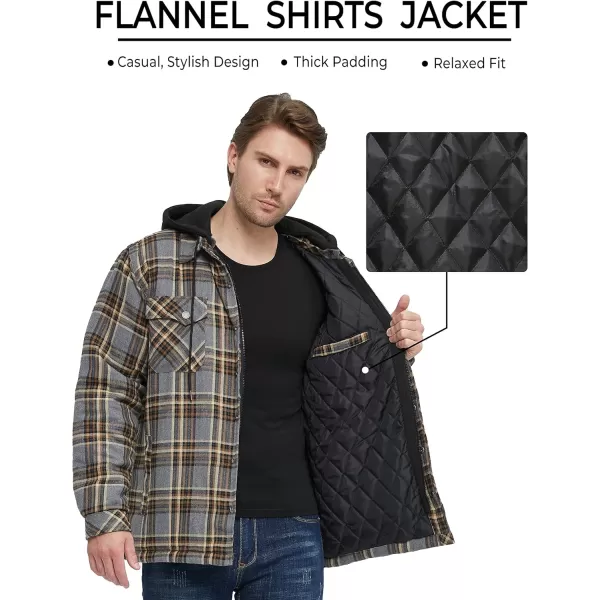 WenVen Mens Thicken Plaid Flannel Quilted Shirts Jacket with Removable HoodGrey