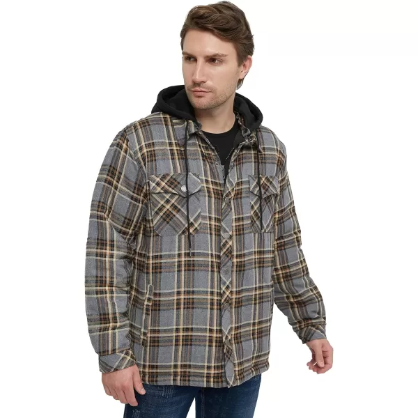 WenVen Mens Thicken Plaid Flannel Quilted Shirts Jacket with Removable HoodGrey