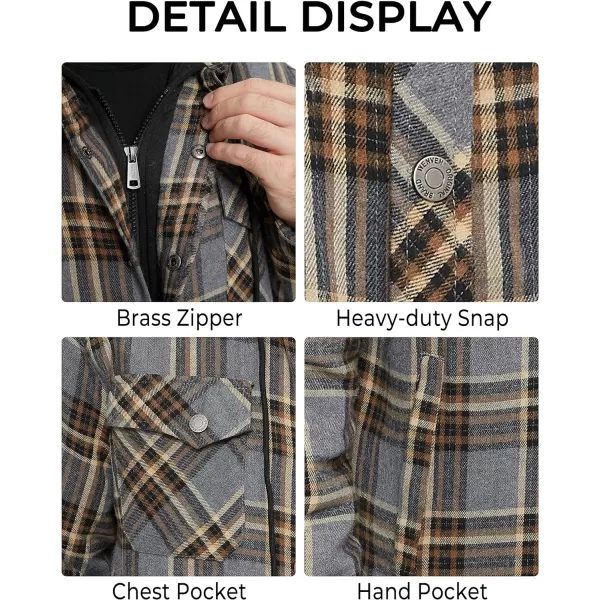 WenVen Mens Thicken Plaid Flannel Quilted Shirts Jacket with Removable HoodGrey