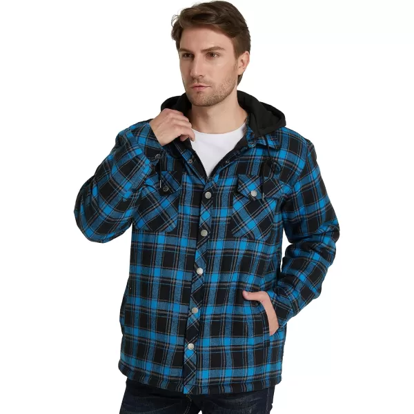 WenVen Mens Thicken Plaid Flannel Quilted Shirts Jacket with Removable HoodLight Blue