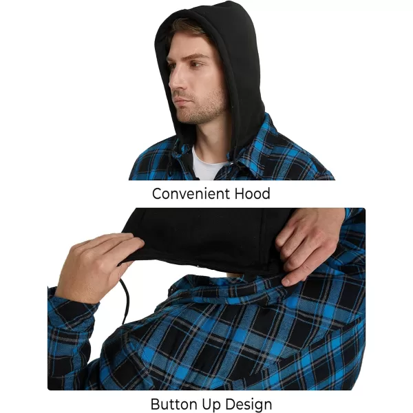 WenVen Mens Thicken Plaid Flannel Quilted Shirts Jacket with Removable HoodLight Blue