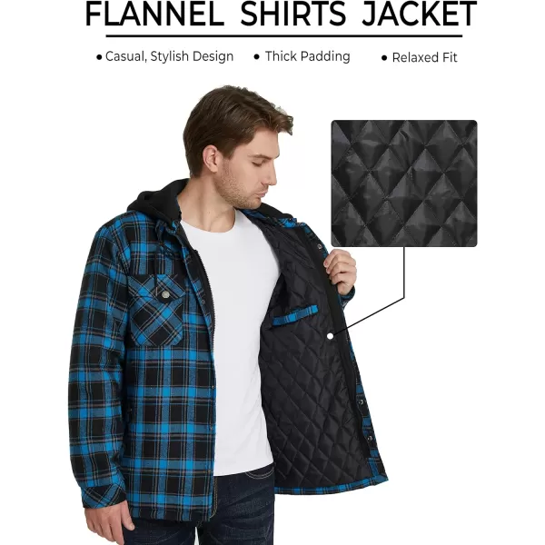 WenVen Mens Thicken Plaid Flannel Quilted Shirts Jacket with Removable HoodLight Blue
