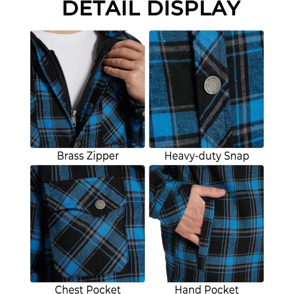 WenVen Mens Thicken Plaid Flannel Quilted Shirts Jacket with Removable HoodLight Blue