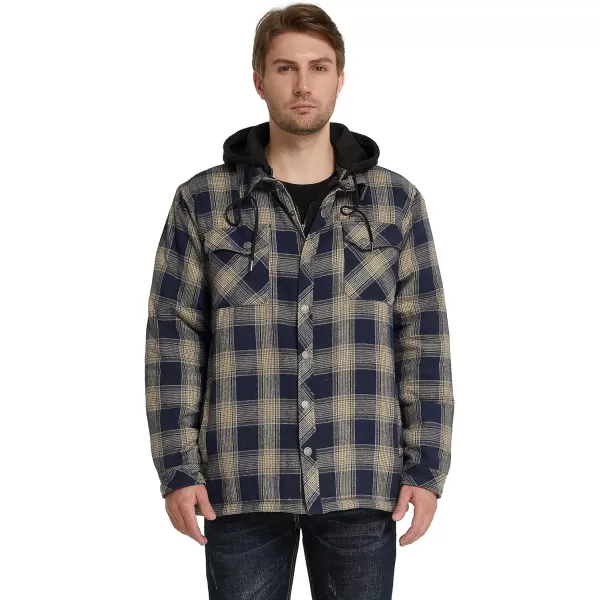 WenVen Mens Thicken Plaid Flannel Quilted Shirts Jacket with Removable HoodYellow