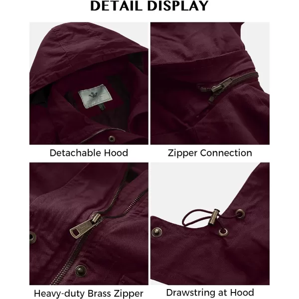 WenVen Womens Anorak Military Jacket Lightweight Casual Cotton Coat with HoodDeep Wine