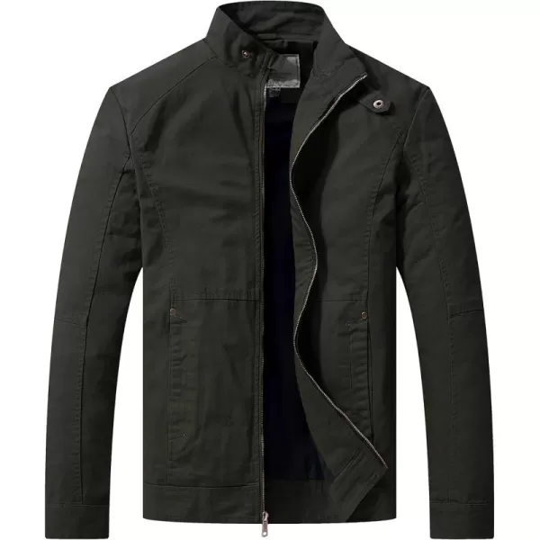 WenVen Mens Casual Canvas Cotton Military Jacket Lightweight Zip Up OutwearArmy Green