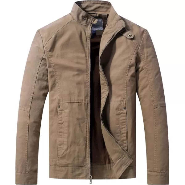 WenVen Mens Casual Canvas Cotton Military Jacket Lightweight Zip Up OutwearKhaki