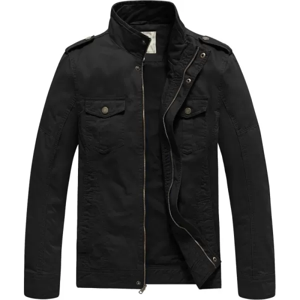 WenVen Mens Casual Washed Cotton Military JacketBlack