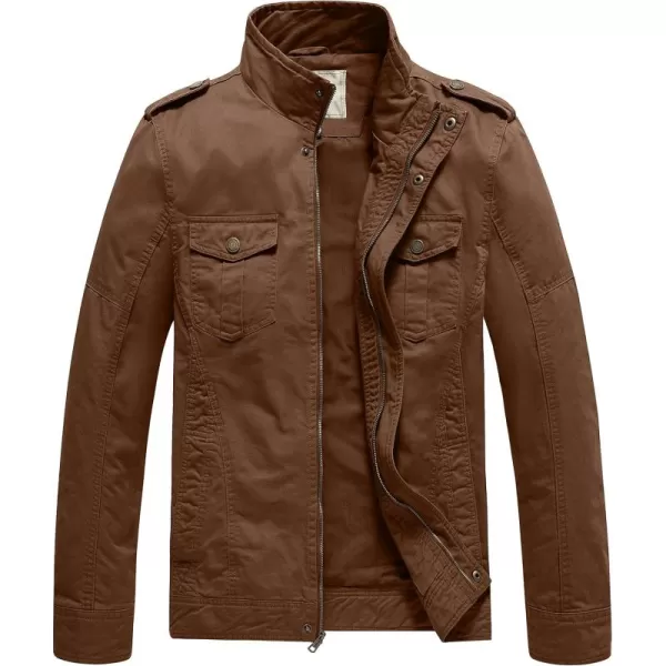 WenVen Mens Casual Washed Cotton Military JacketCoffee