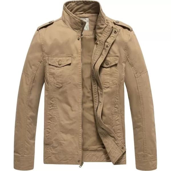 WenVen Mens Casual Washed Cotton Military JacketKhaki Brown
